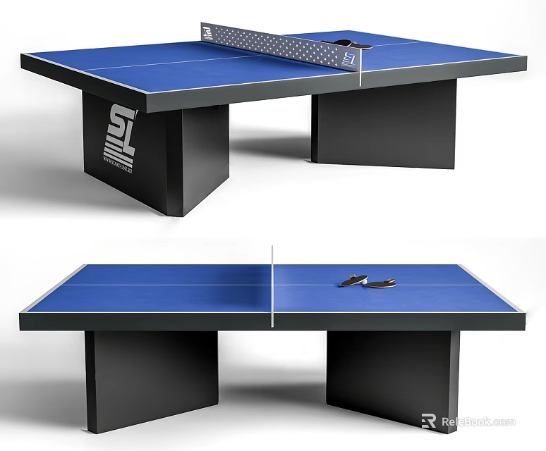 Table Tennis Table as Sports Equipment with Blue Tabletop Black Legs Net Paddles and Balls 3d model 