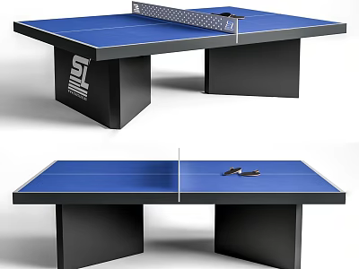 Table Tennis Table as Sports Equipment with Blue Tabletop Black Legs Net Paddles and Balls 3d model