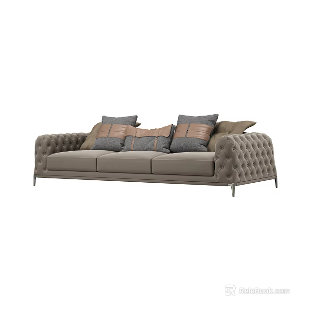 Luxury Three Seater Sofa In Gray Fabric With Tufted Design And Contrast Accent Pillows 3d model 