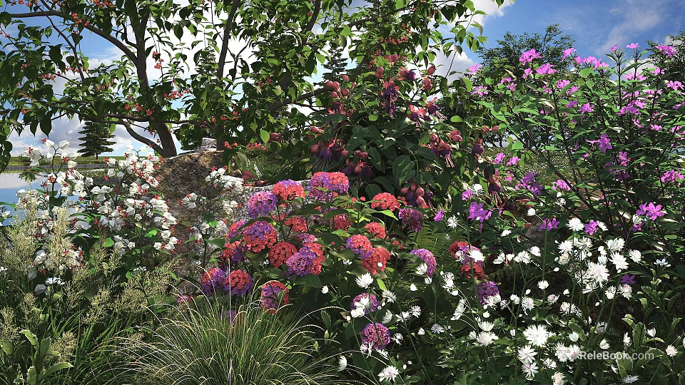 Colorful Blooming Flowers And Lush Green Plants In Serene Garden Landscape With Sunlight 3d model 