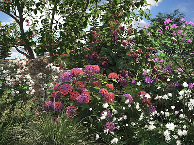 Colorful Blooming Flowers And Lush Green Plants In Serene Garden Landscape With Sunlight 3d model