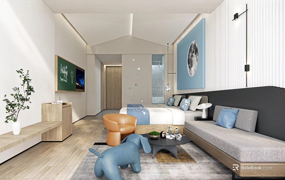Modern Hotel Guest Room Interior With Comfortable Bed Sofa Decorative Painting And Area Rug 3d model 
