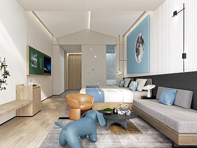 Modern Hotel Guest Room Interior With Comfortable Bed Sofa Decorative Painting And Area Rug 3d model