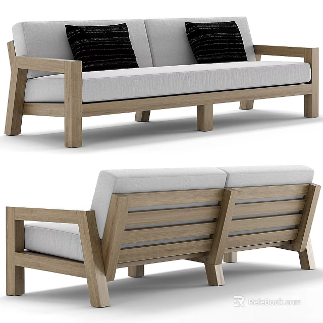 Modern Wooden Sofa With White Cushions And Black Pillows Design 3d model 