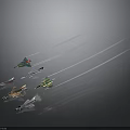 Multiple Colorful Aerospace Spacecraft Flying With White Trails In Outer Space