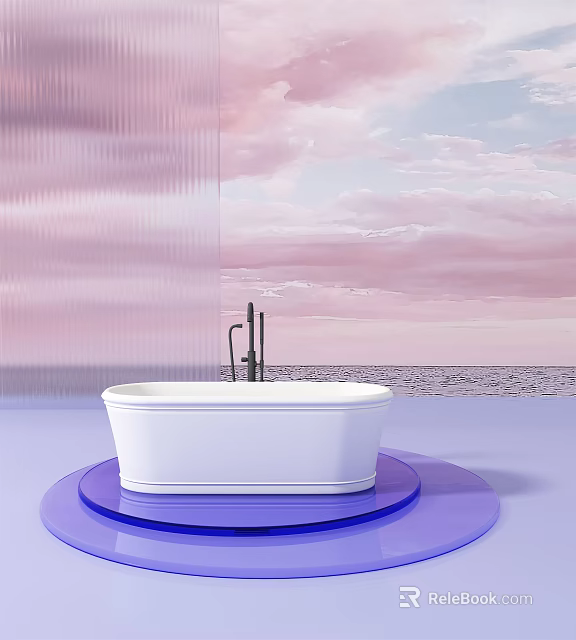 Modern White Bathtub on Blue Platform with Pink Cloud Sky and Ocean View 3d model 