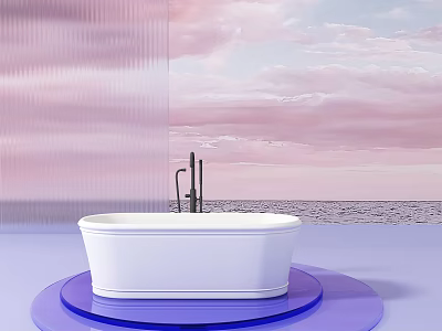 Modern White Bathtub on Blue Platform with Pink Cloud Sky and Ocean View 3d model