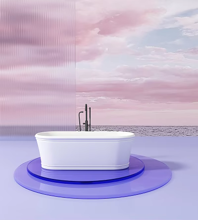 Modern White Bathtub on Blue Platform with Pink Cloud Sky and Ocean View 3d model