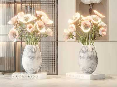 Elegant Egg Shaped Marble Vases With Pink Flowers On White Stands Indoor Decorative 3d model