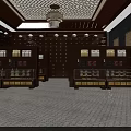 Traditional Chinese Medicine Shop Interior With Wooden Herbal Cabinets Drawers And Hanging Lamps
