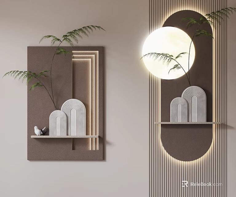 Minimalist Modern Wall Decor With Shelves Geometric Shapes Greenery And Lighting 3d model 