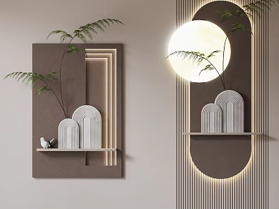 Minimalist Modern Wall Decor With Shelves Geometric Shapes Greenery And Lighting 3d model