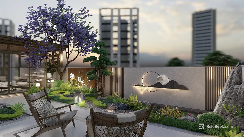 Karesansui Garden Design With Japanese Stone Arrangement Moon Shaped Decor And Wicker Chairs 3d model 