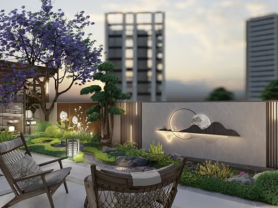 Karesansui Garden Design With Japanese Stone Arrangement Moon Shaped Decor And Wicker Chairs 3d model