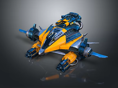 Futuristic Sci Fi Spacecraft With Yellow Blue Detailed Mechanical Structure And Thrusters 3d model