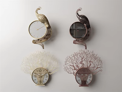 Artistic Wall Clocks With Peacock Design And Tree Shaped Decoration In Gold And Dark Colors 3d model