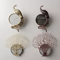 Artistic Wall Clocks With Peacock Design And Tree Shaped Decoration In Gold And Dark Colors