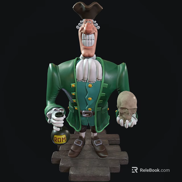 Cartoon Game Movie Character In Green Coat White Shirt With Bomb Bottle And Skull 3d model 