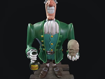 Cartoon Game Movie Character In Green Coat White Shirt With Bomb Bottle And Skull 3d model