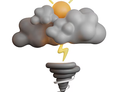 3D Style Decorative Ornament Set with Gray Clouds Yellow Sun Lightning and Tornado Base 3d model