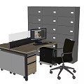 L shaped Office Desk With Wooden Top Computer Monitor Partition Ergonomic Chair And Filing Cabinet
