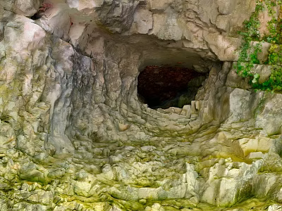 Natural Scenery of Rock Cave with Entrance Green Plants and Textured Rocks 3d model