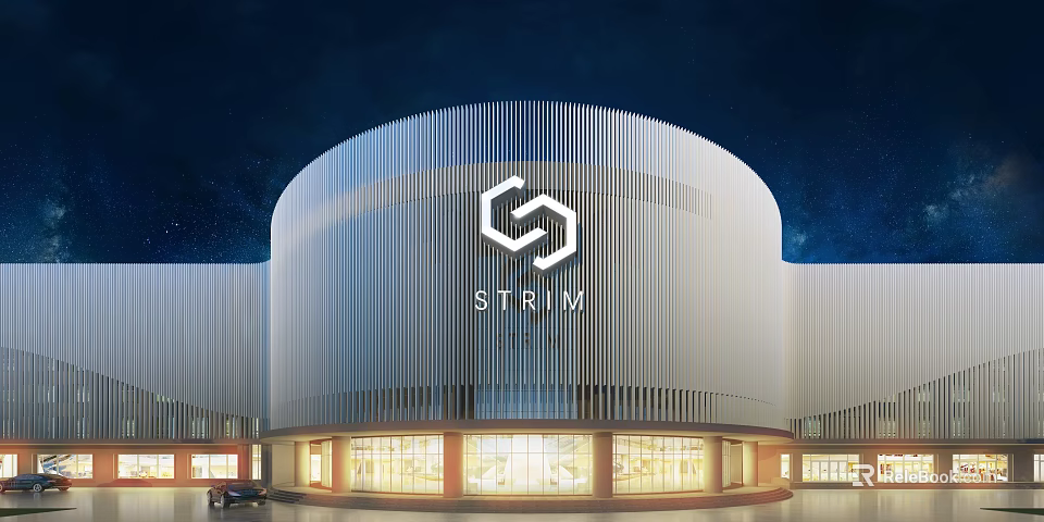 Modern STRIM Building Exterior With Hexagonal Logo And Illuminated Striped Curved Facade 3d model 