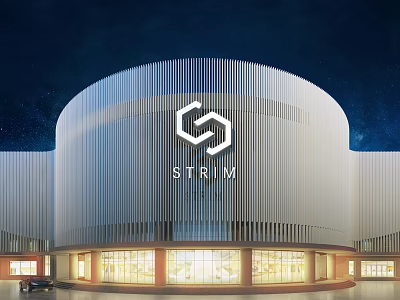 Modern STRIM Building Exterior With Hexagonal Logo And Illuminated Striped Curved Facade 3d model
