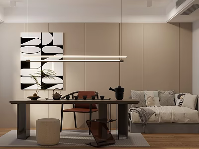 Modern Tea Room Interior With Wooden Table Teapot Abstract Painting Hanging Light And Sofa Pillows 3d model