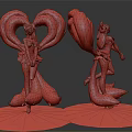 Anime Character Statues With Long Pink Yellow Hair And Fox Tails On Green Base Stands