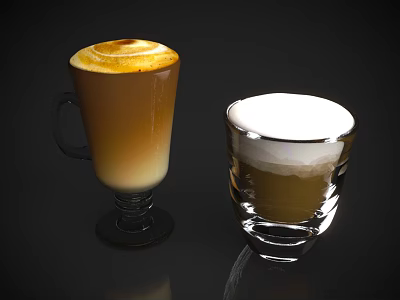Two Coffee Beverages With Latte Art And Creamy Milk Foam In Glass Cups 3d model