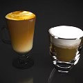Two Coffee Beverages With Latte Art And Creamy Milk Foam In Glass Cups