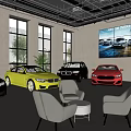 Car Dealership Showroom Displaying Various Colored Cars Comfortable Chairs Large Windows And Screen