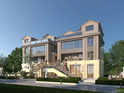 Modern Single Family Villa with Large Windows Staircase and Greenery Surroundings 3d model