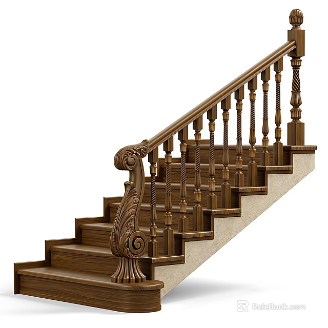 Wooden Staircase with Ornate Carved Railing and Intricate Balusters on Stone Side Panels 3d model 