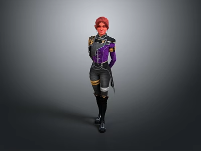 Woman with Red Hair Wearing Purple and Black Fitted Outfit Standing Pose 3d model