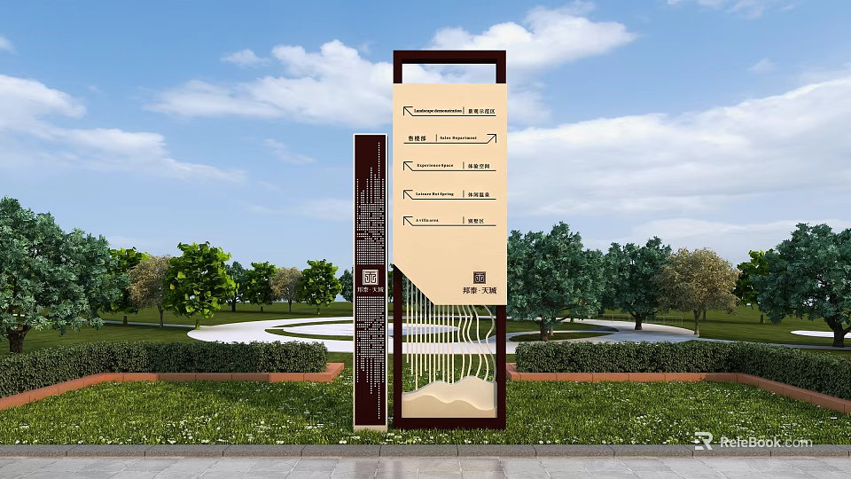 Outdoor Directional Signage with Green Lawn Trees and Cloudy Sky in Park 3d model 