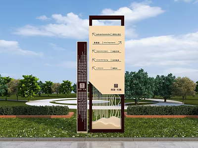 Outdoor Directional Signage with Green Lawn Trees and Cloudy Sky in Park 3d model