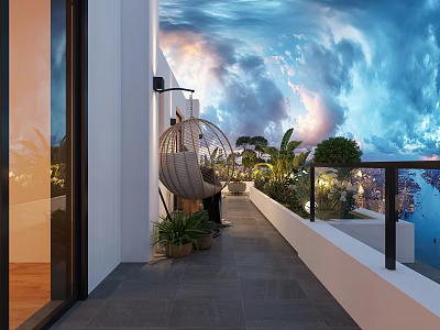 Modern Cozy Residential Terrace With Hanging Chair Lush Plants And Stunning Sea View At Dusk 3d model