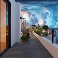 Modern Cozy Residential Terrace With Hanging Chair Lush Plants And Stunning Sea View At Dusk