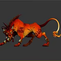 Red Lion Shaped Mythical Creature With Fiery Tail Horns Tattoos Golden Ornaments And Dynamic Pose
