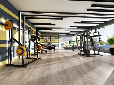 Modern Fitness Gym Interior With Yellow Black Striped Walls Barbells Machines And Wooden Flooring 3d model