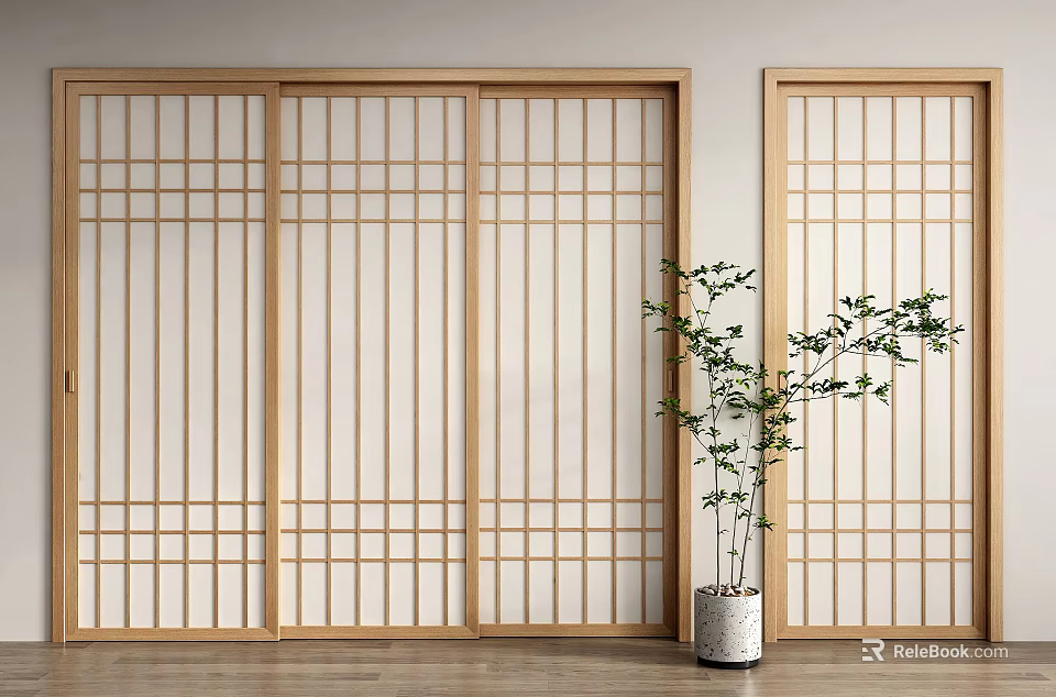 Modern Sliding Doors With Wooden Frame Lattice Design And Green Plant On Wooden Floor 3d model 