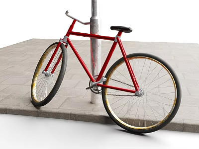 Red Bicycle Parked Leaning Against Metal Pole On Stone Pavement 3d model