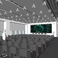 Modern Conference Room With Large Screen Showing Globe And Data Visualization Rows Of Seats