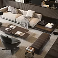 Modern Living Room Interior With Sofa Coffee Table Set Pillows Armchairs And Bookshelves