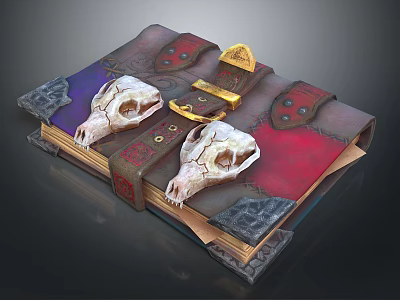 Ancient Book With Red Purple Leather Cover Two White Skulls Gold Buckle And Metal Decorations 3d model