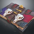 Ancient Book With Red Purple Leather Cover Two White Skulls Gold Buckle And Metal Decorations