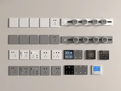 Modern Switch Panels With White Grey Black Styles And Socket Digital Display Controls 3d model