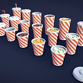 Red And White Striped Paper Cups With Lids Straws Containing Various Colored Drinks 3d model
